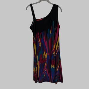 Vintage Elle One Shoulder Mini Dress Abstract Artsy Stretchy Beaded Strap Size M